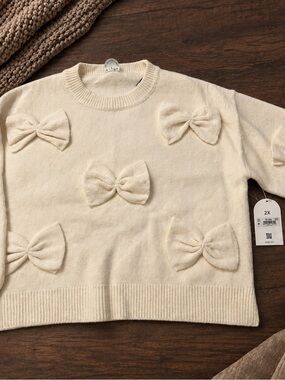 Arula Ivory Bow Sweater 2X Cream 3D Bow Pullover NWT